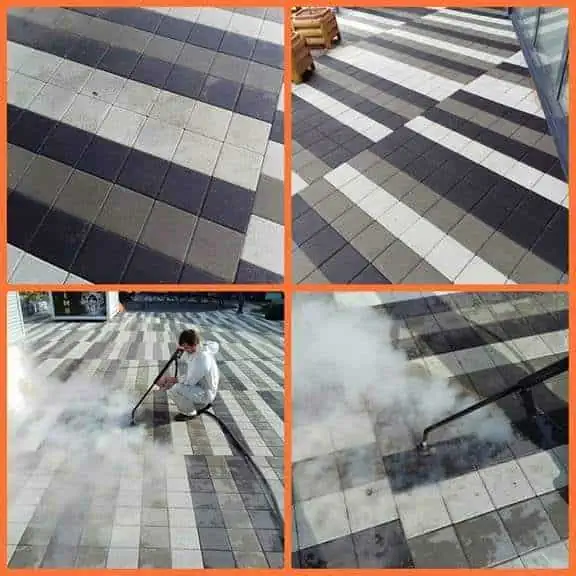 Detalj čišćenja behaton pločica suvom parom – uklanjanje žvake i fleka