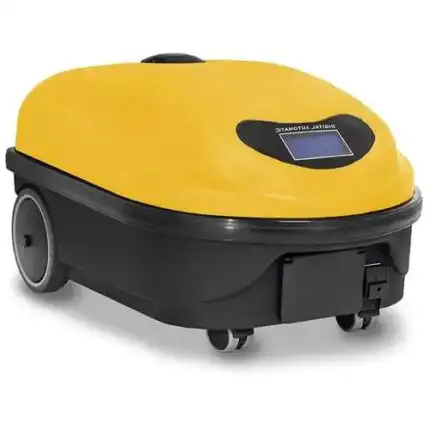 Elegantan žuto-crni parocistac Steam italy PC sa zaobljenim pravougaonim rubovima, gornjim zaslonom i glatkim točkovima ističe se na beloj pozadini.