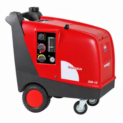 Biemmedue SUPER 200-15 industrijski perač pod pritiskom toplom vodom (200 bar, 900 l/h, 140°C), crveno-crne boje, ima točkiće za pokretljivost, kontrolne dugmiće i manometar. Na prednjem delu stoji oznaka SUPER 200-15.
