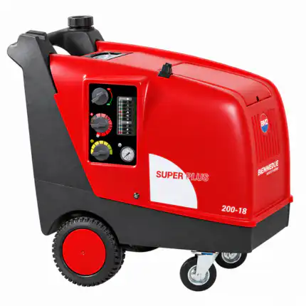 Industrijska mašina za čišćenje crveno-crne boje sa točkićima, ručkom i komandama. Oznaka: Biemmedue SUPER PLUS 200-18 perač pod visokim pritiskom, toplom vodom (200 bara, 1080 l/h, 140°C).