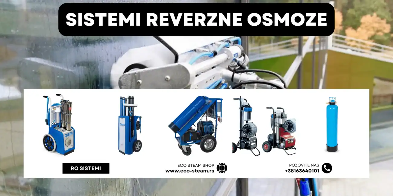 Promotivna slika prikazuje plave sisteme reverzne osmoze sa oznakom Sistemi Reverzne Osmoze, sa zamućenom industrijskom pozadinom i kontakt informacijama.