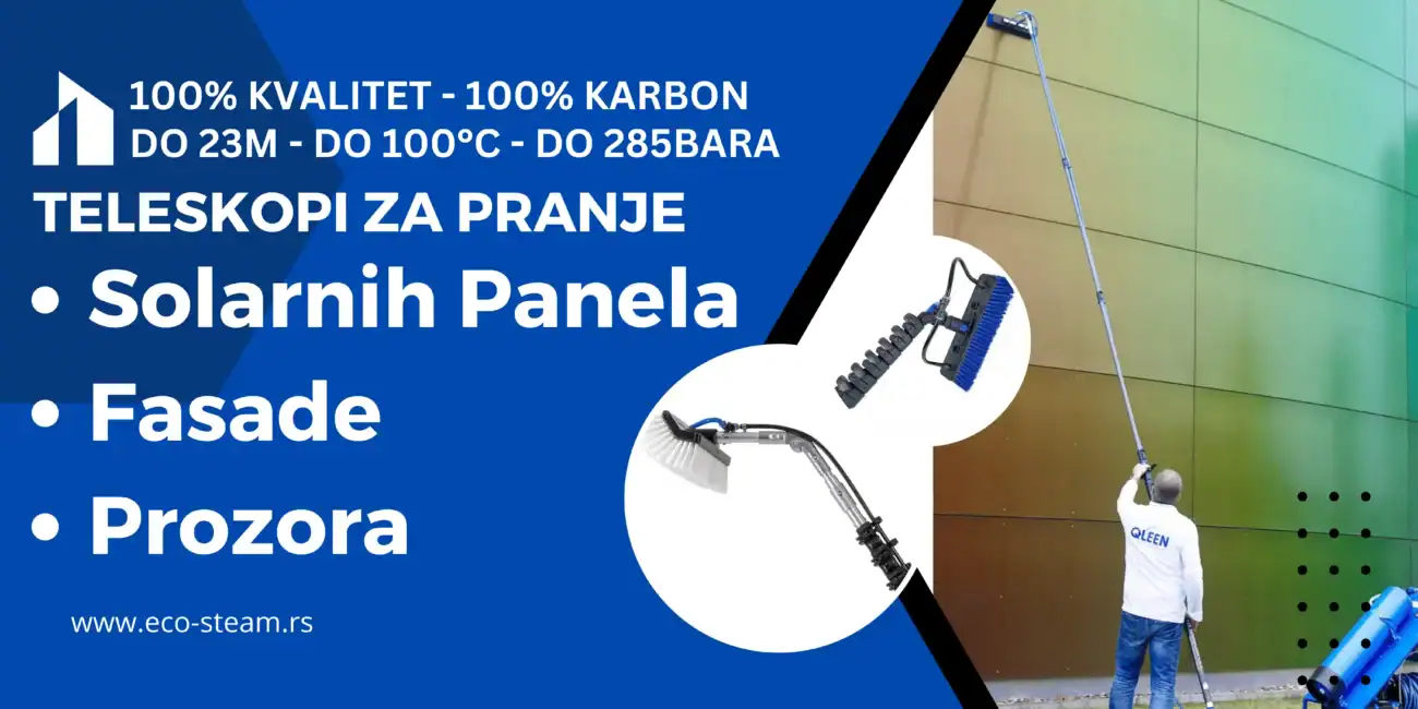 Promotivni baner koji ilustruje kvalitetne teleskopske alate za čišćenje solarnih panela, fasada i prozora. Posetite www.eco-steam.rs i izabeerite opremu za odrzavanje solarnih panela