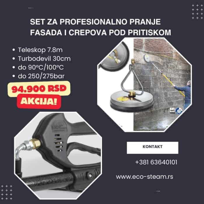 Turbodevil 302K čistač: 300mm, 90°C, 250bar za crep, fasadu i grafit. Teleskopska drška 7.8m. Cena: 94.900 RSD. Kontakt u opisu.