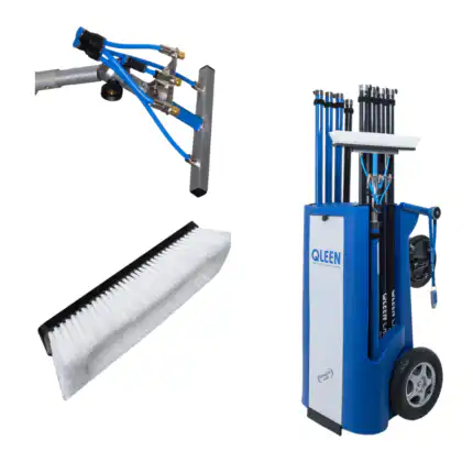 QLEEN DISY set 14,5 m je vrhunski sistem za čišćenje solarnih panela i fasada, sa rastezljivim stubovima u plavim kolicima, alatom za čišćenje i četkom s bijelim vlaknima.