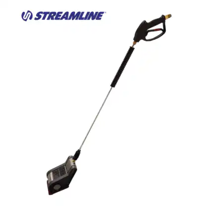 Crno-sivi nastavak, Profesionalni uređaj za uklanjanje žvakaćih guma, ima dugu ručku i mlaznicu za okidanje; idealan za uklanjanje desni s pravokutnom glavom dizajniranom za čišćenje površine, s logom Streamline u gornjem uglu.