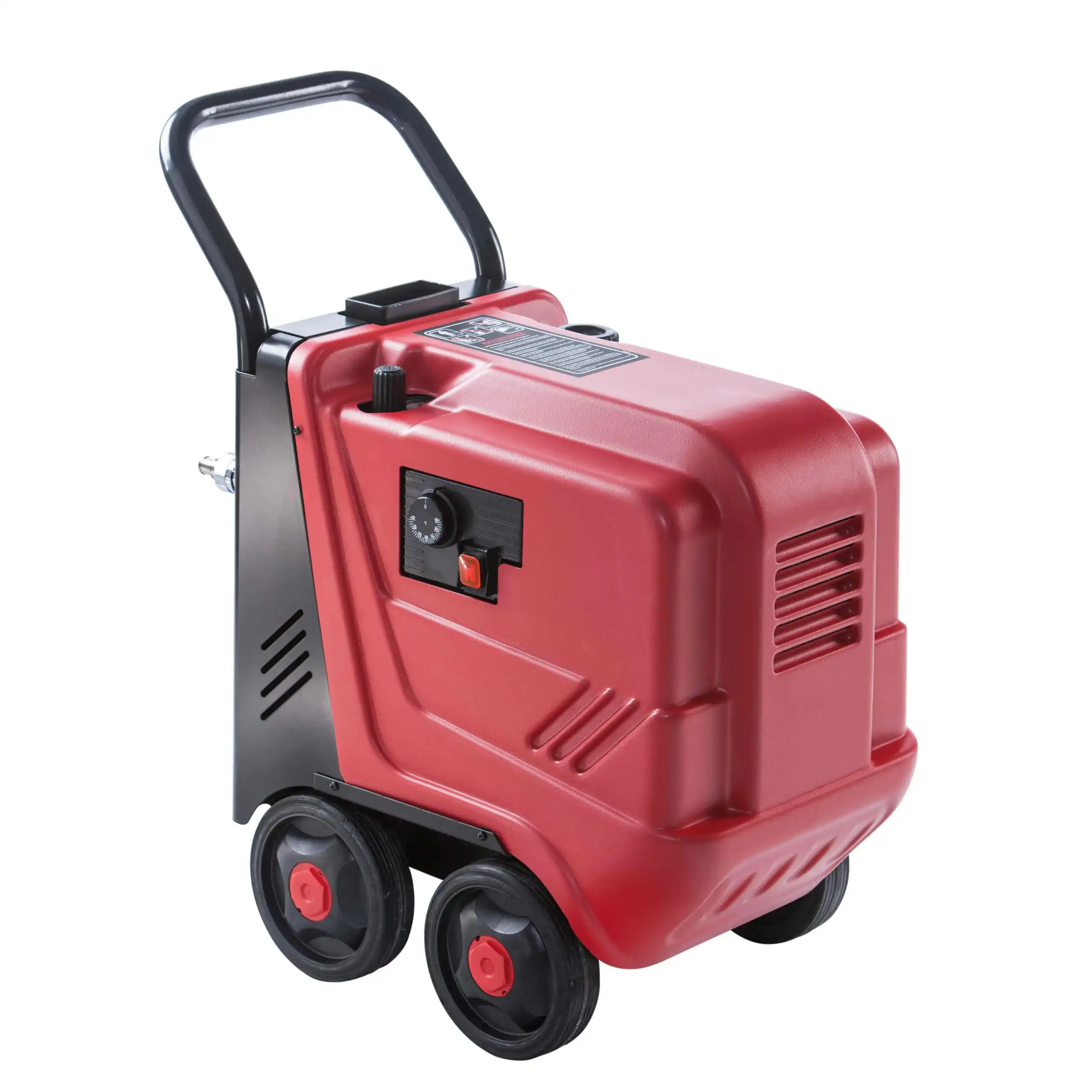 Idromatic Zeta 120-7-150 je crvena prenosiva mašina za pranje pod pritiskom na točkovima sa crnom ručkom i kontrolnom pločom, idealna za čišćenje na otvorenom.