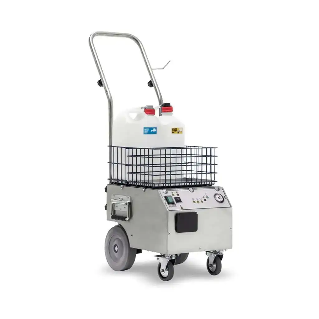 Paročistač Steam Italy 8000 je prijenosni paročistač s metalnom ručkom, velikim stražnjim kotačima, prednjim kotačima, kontrolnom pločom, žičanom korpom i dvostrukim kontejnerima.