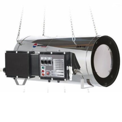 BIEMMEDUE GA N 95C je cilindrični industrijski gasni grejač, lančano ovješen s kontrolnom pločom, ventiliranim poklopcem i radi na plin/metan od 97 kW za velike prostore.