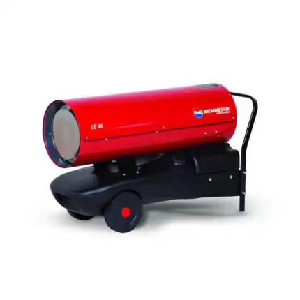 Dizel top za grejanje GE 46, prenosni grejač snage 49 kW, ima crveno cilindrično telo na crnoj bazi točkova radi mobilnosti.