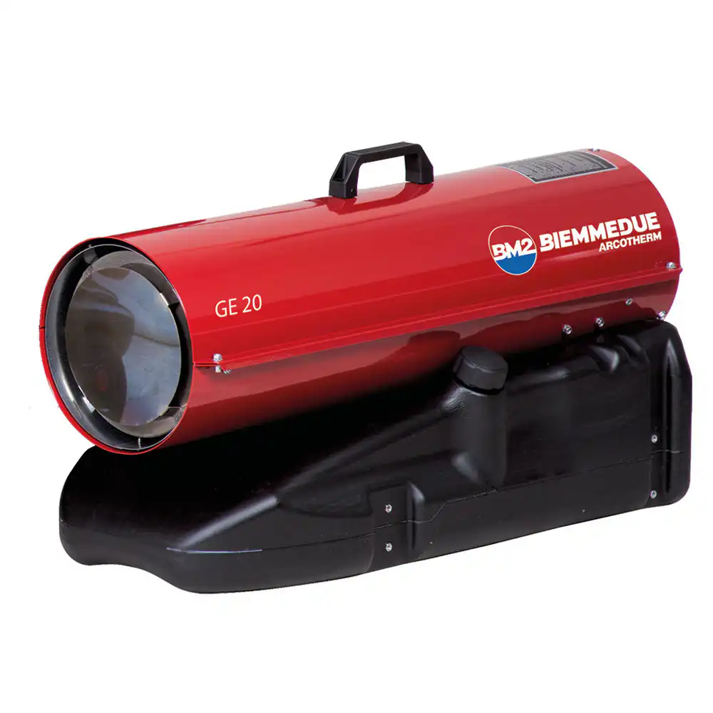 Biemmedue-ge-20-2 Crvena industrijska grejalica, cilindrična i označena masno bijelom bojom kao GE 20 Dizel Top za grejanje | Direktno sagorevanje 21,4kW, ima jaku crnu bazu i gornju ručku za lakši transport.