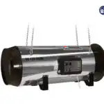 Biemmedue GE AGRI srebrni cilindrični dizel grejač, model EC/S 85, visi za lance i ima crnu bočnu ploču. Koristi ulje ili kerozin i BIEMMEDUE je grejač staklenika snage 125 kW.