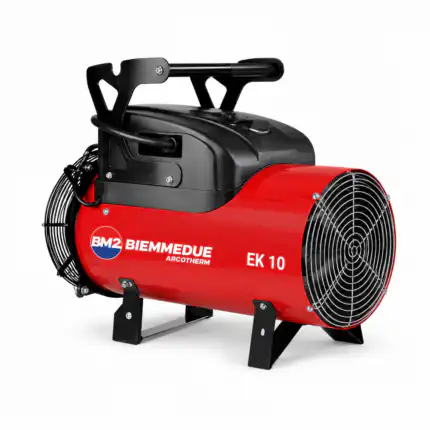 Profesionalni Električni kalorifer BIEMMEDUE EK 10C (10 kW) je crveno-crni grejač sa velikim ventilatorom, ručkom i stabilnim nogama.