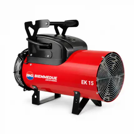 Profesionalni električni kalorifer BIEMMEDUE EK 15C (15 kW), crvene boje, sa crnim ručkama i metalnim nogama, ima veliki prednji ventilator i gornju kontrolnu tablu, postavljen na beloj pozadini.