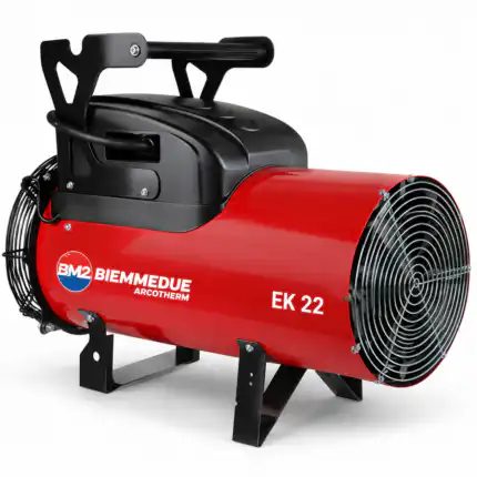 Profesionalni kalorifer BIEMMEDUE EK 22C (22 kW), crveno-crni, sa metalnim rešetkama, stabilnim nogama i ručkom za nošenje.