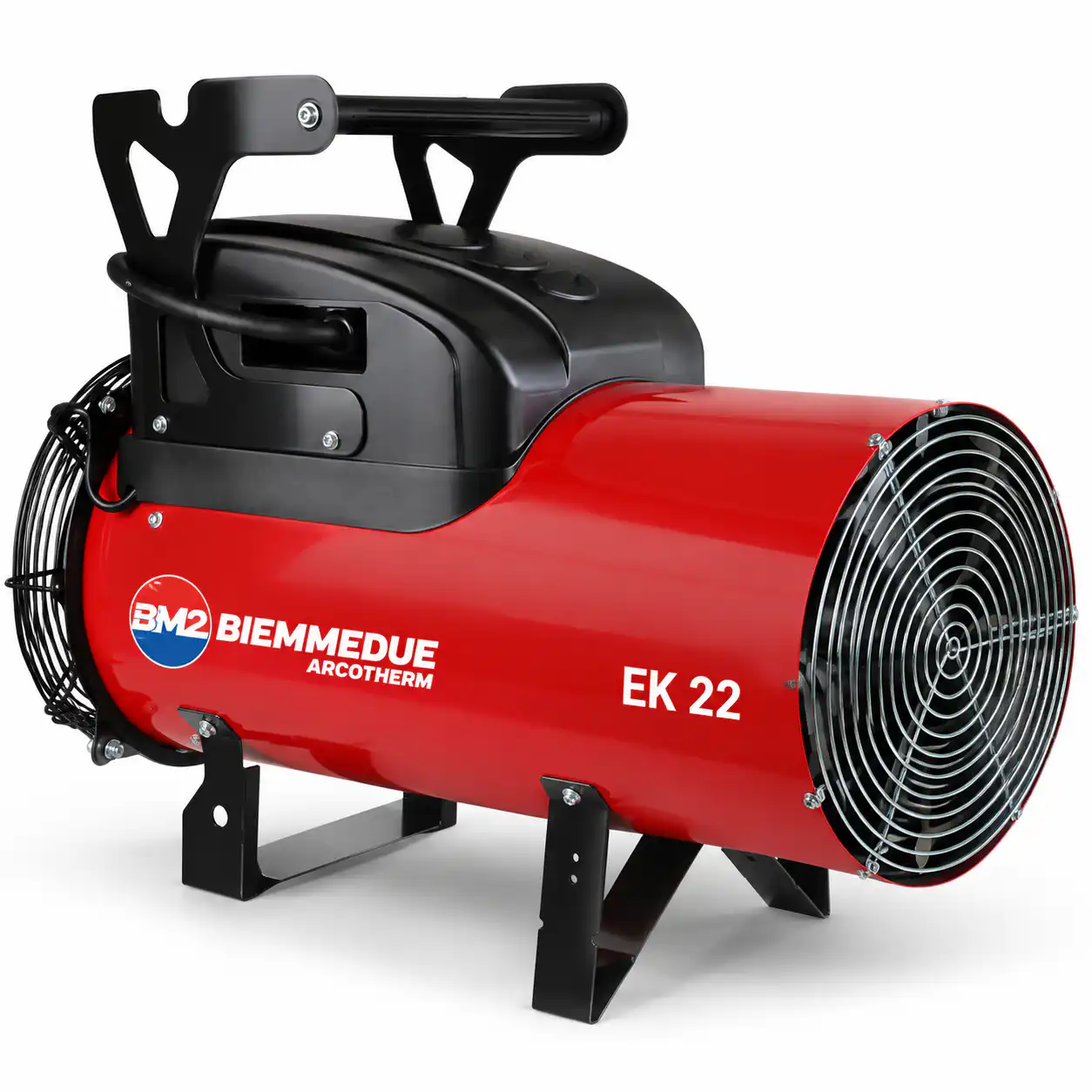 biemmedue-ek-22c-elektricni-kalorifer Profesionalni kalorifer BIEMMEDUE EK 22C (22 kW), crveno-crni, sa metalnim rešetkama, stabilnim nogama i ručkom za nošenje.