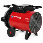 Veliki crveni industrijski električni grejač sa natpisom Električni kalorifer BIEMMEDUE EK 30C 30 kW, dvama točkićima, crnom ručkom i ventilacionim rešetkama.