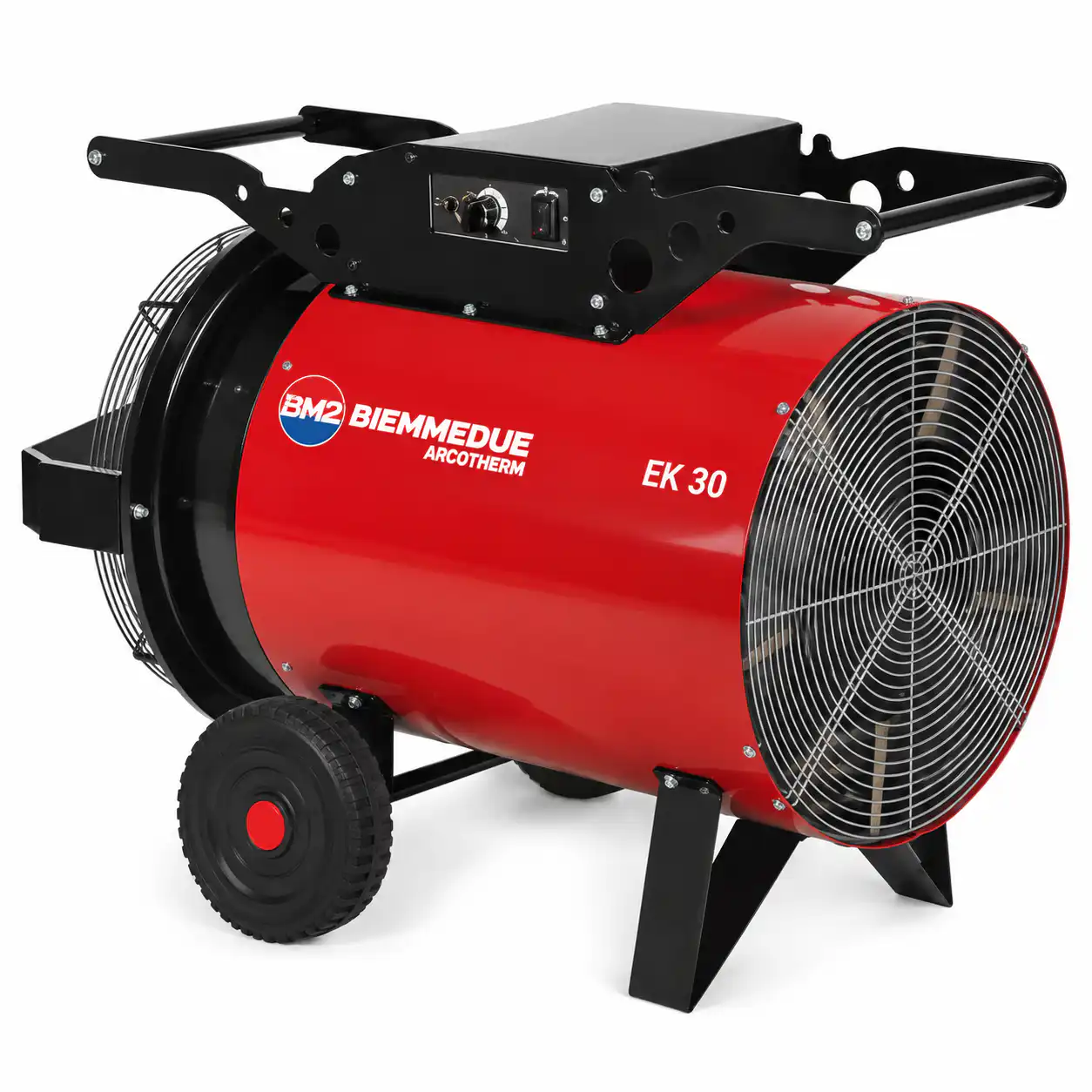biemmedue-ek-30c-elektricni-kalorifer Veliki crveni industrijski električni grejač sa natpisom Električni kalorifer BIEMMEDUE EK 30C 30 kW, dvama točkićima, crnom ručkom i ventilacionim rešetkama.