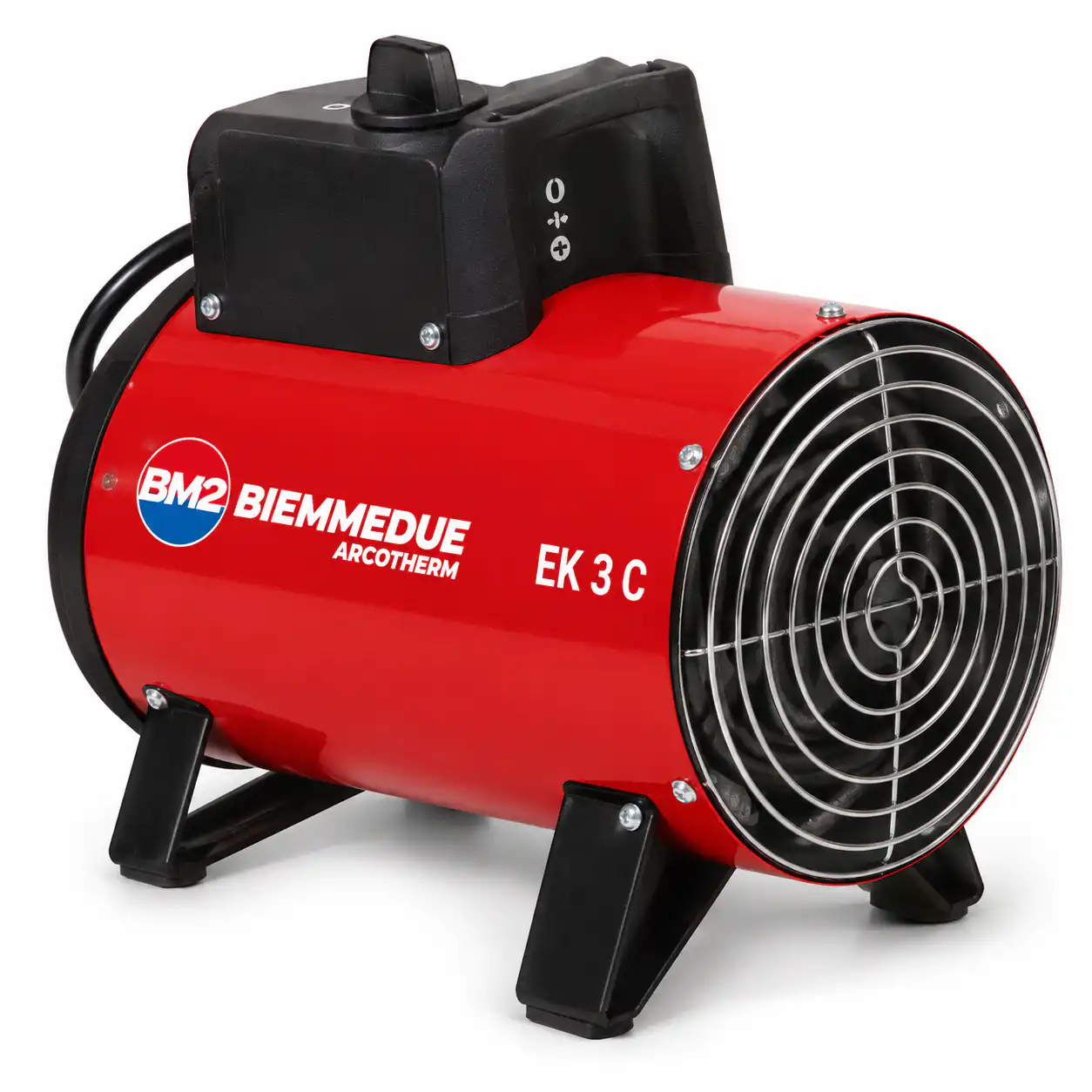 biemmedue-ek-3c-elektricni-kalorifer Na beloj pozadini nalazi se crveni industrijski kalorifer BIEMMEDUE EK 3C sa metalnom rešetkom, crnom kontrolnom kutijom na vrhu i četiri crne noge.