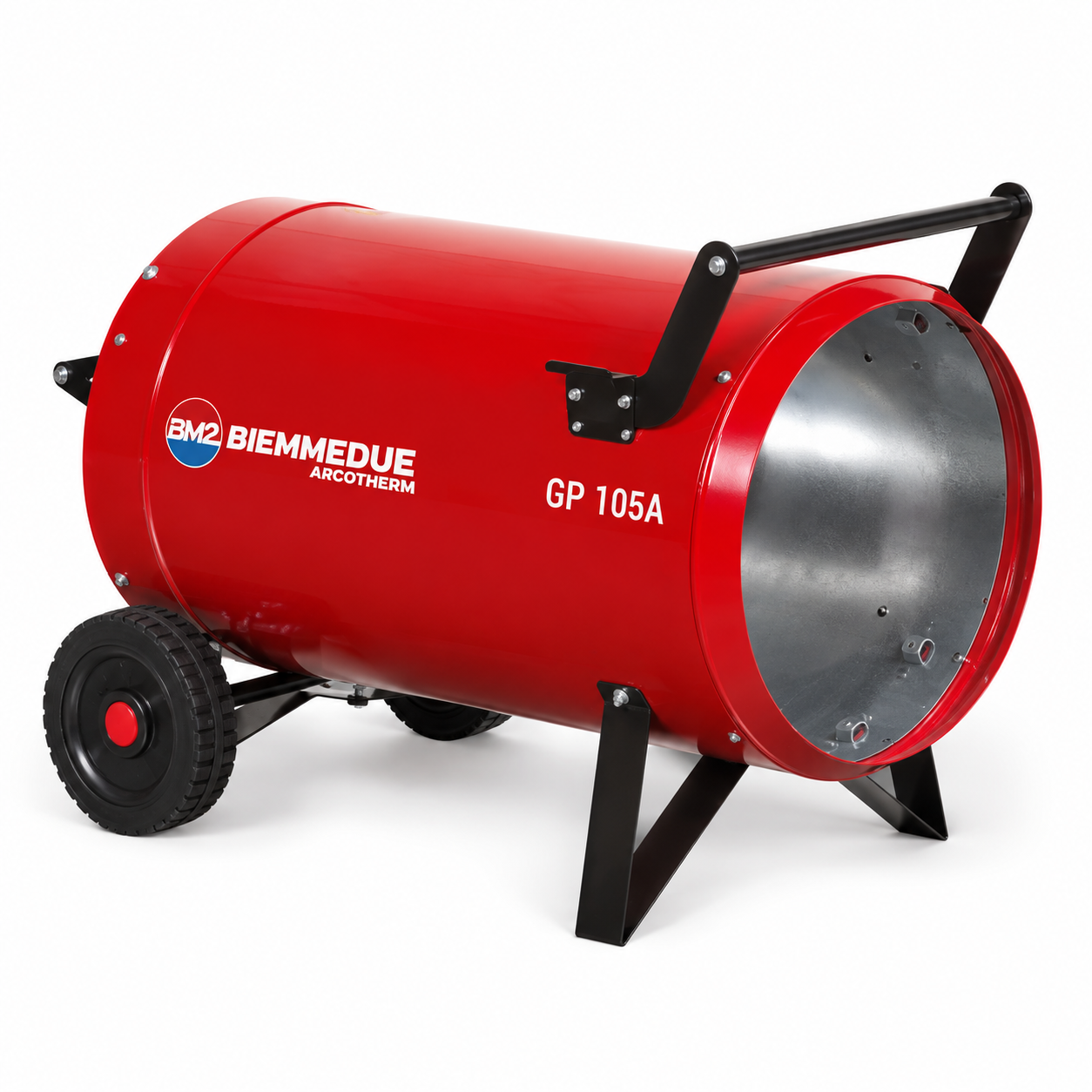 biemmedue-gp-105a-plinski-top-za-grejanje-automatsko-paljenje Veliki crveni industrijski grejač sa točkićima i crnim nogarama stoji na beloj podlozi, model BIEMMEDUE GP 105A Automatik 105kW, namenjen za snažno grejanje zahtevnih industrijskih prostora.