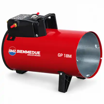 Prenosivi gasni grejač BIEMMEDUE GP 18M Plinski Top, manuelno paljenje 18,58 kW, crveno-crni, ima ručku za nošenje i stabilne noge.