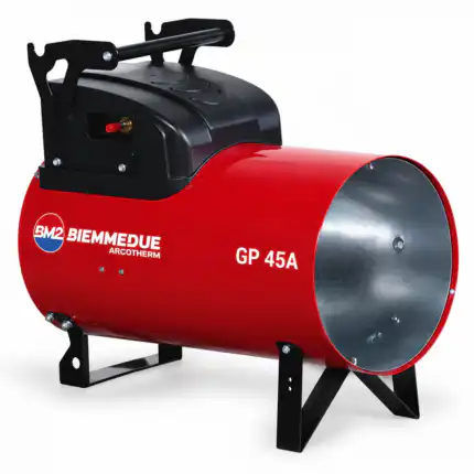 Plinski Top za Grejanje BIEMMEDUE GP 45A Automatik 45kW je industrijski grejač, crveno-crni, cilindričan, sa ručkom i stabilnim nogama.