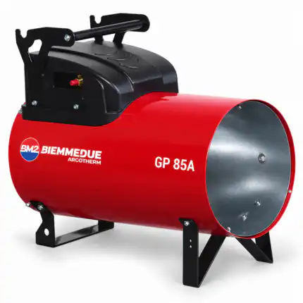 Plinski vrh za grejanje BIEMMEDUE GP 85A Automatik 85kW sa crvenim i crnim cilindričnim telom, ručkom i čvrstim nogama prikazan je na beloj pozadini, idealan za zahtevne uslove rada.