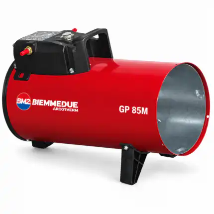 BIEMMEDUE GP 85M Plinski Top za grejanje, crveni model sa crnom drškom i kontrolnom pločom, metalnim cilindrom i čvrstim nogama, namenjen je efikasnom grejanju zahtevnih prostora, prikazan na beloj pozadini.