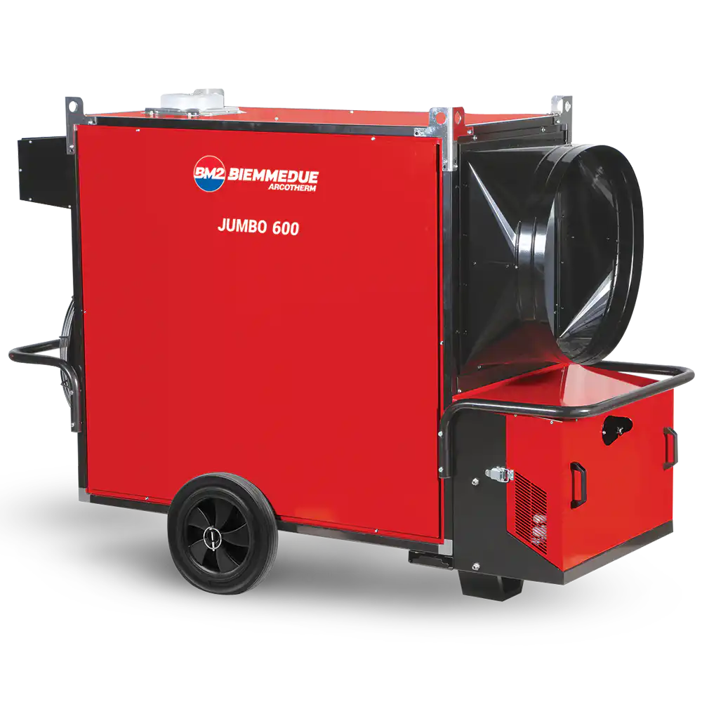 biemmedue-jumbo-indirektni-grejac-na-naftu Biemmedue Jumbo 85, crveno-crni je grejač s kotačima i velikim ispuhom za laku mobilnost. Greje na 85kW