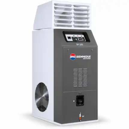 Industrijski Indirektni Grejač BIEMMEDUE SP 235 sive boje sa gornjim otvorima, donjim ventilatorom i kontrolom, snage 235,72 kW, za dizel, gas ili TNG.