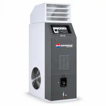 Visok pravougaoni industrijski uređaj za klimatizaciju sa izduvima gore, panelom na sredini i velikim ventilatorom sa strane, jasno označen kao BIEMMEDUE SP 35 indirektni grejač snage 34,76 kW za rad na dizel, prirodni gas ili TNG.