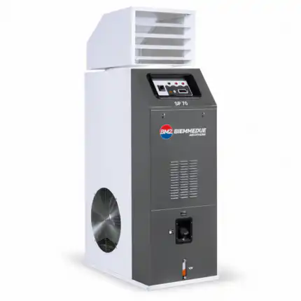 Industrijski indirektni grejač BIEMMEDUE SP 70 (70,78 kW) radi na dizel, gas i TNG, sa praktičnom kontrolom, ventilacijom i BIEMMEDUE logoom napred, u sivo-beloj završnici.