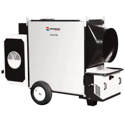 Biemmedue Titan 145M, kao i Jumbo 235M, je industrijski grejač na kotačima s velikim crnim izduvnim plinom i elegantnim bijelim kućištem.