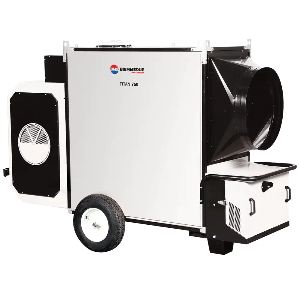 biemmedue-titan-indirektni-grejac-nafta-plin-gas Biemmedue Titan 145M, kao i Jumbo 235M, je industrijski grejač na kotačima s velikim crnim izduvnim plinom i elegantnim bijelim kućištem.