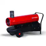 BIEMMEDUE EC 22 Dizel Top je prenosni crveno-crni grejač s točkovima, ručkom i gornjim ventilom, idealan za industrijsku upotrebu.