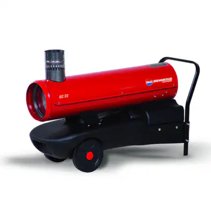 BIEMMEDUE EC 22 Dizel Top je prenosni crveno-crni grejač s točkovima, ručkom i gornjim ventilom, idealan za industrijsku upotrebu.