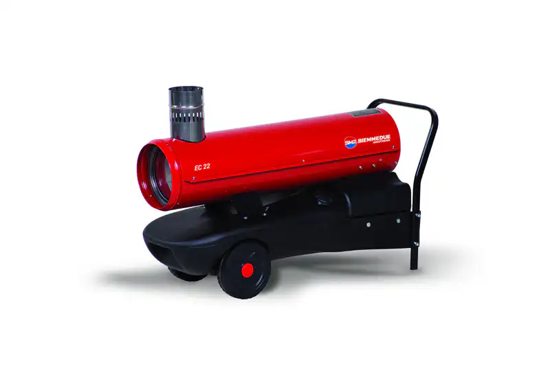 biemmedue-top-za-grejanje-ec-22 BIEMMEDUE EC 22 Dizel Top je prenosni crveno-crni grejač s točkovima, ručkom i gornjim ventilom, idealan za industrijsku upotrebu.