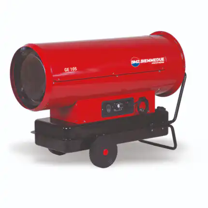 BIEMMEDUE GE 105 Dizel top za industrijsko grejanje, crvene boje sa crnim točkovima, impozantno stoji na beloj pozadini.