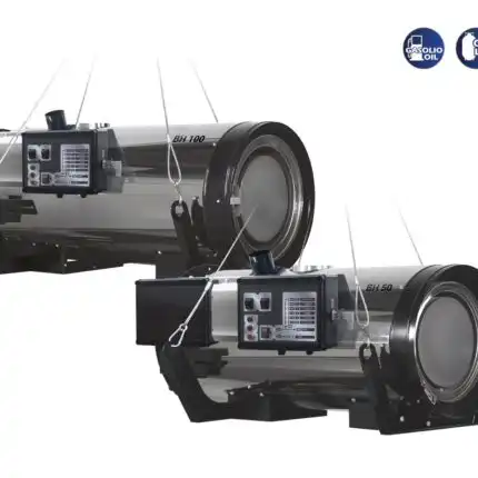 Dva industrijska dizel topa za grejanje, BH 50 D & Dizel Top za Grejanje BIEMMEDUE BH 100 D 99,8 kW, vise jedan pored drugog na beloj pozadini.