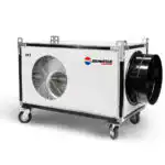 Beli industrijski ventilator Biemmedue Električni Grejač EK T ima četiri točka, crne akcente, kružni ventilator i električni logo bez četkica.