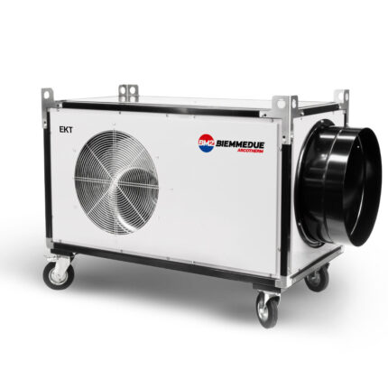 Beli industrijski ventilator Biemmedue Električni Grejač EK T ima četiri točka, crne akcente, kružni ventilator i električni logo bez četkica.