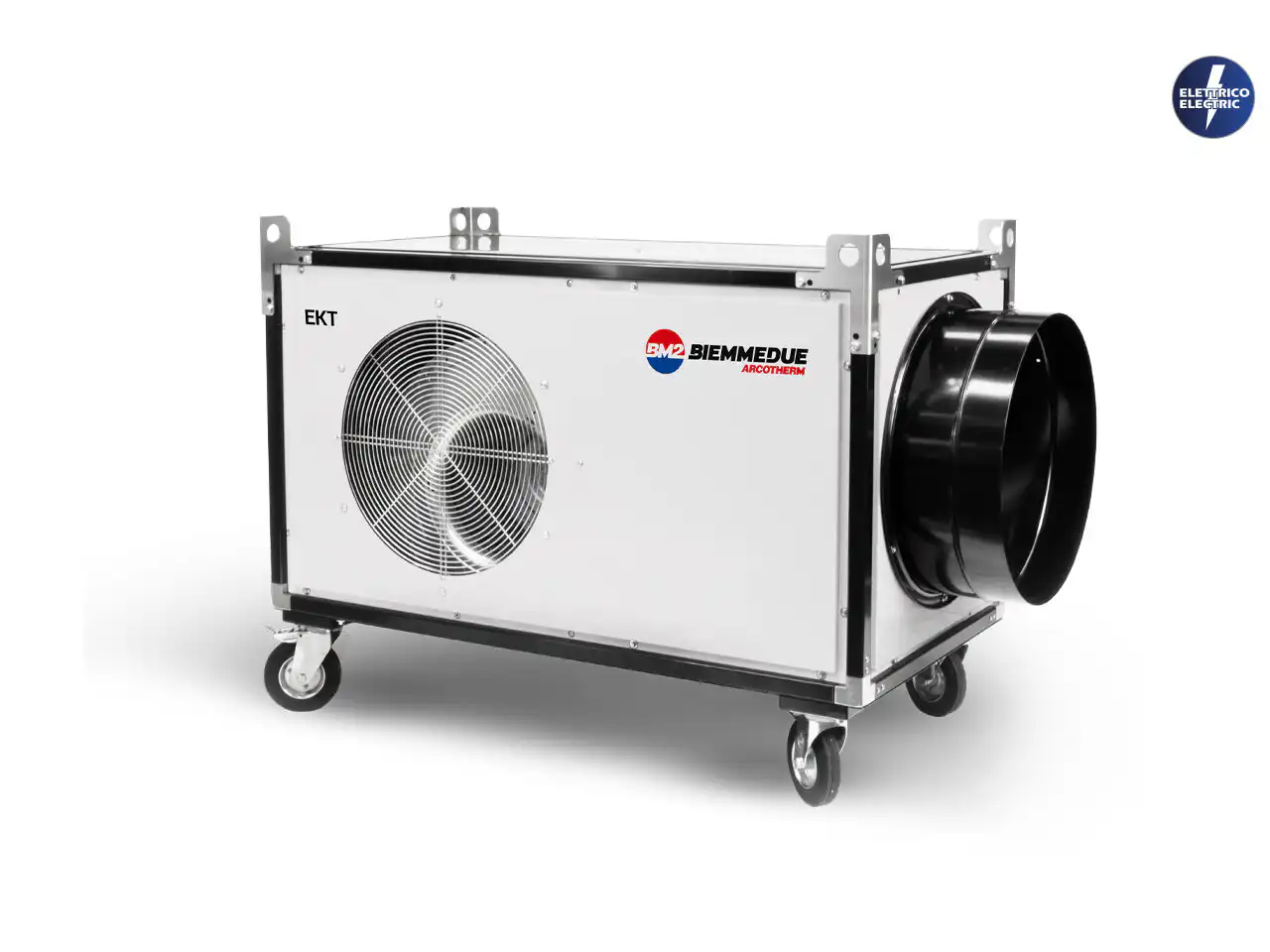 grejalica-biemmedue-ekt-1 Beli industrijski ventilator Biemmedue Električni Grejač EK T ima četiri točka, crne akcente, kružni ventilator i električni logo bez četkica.