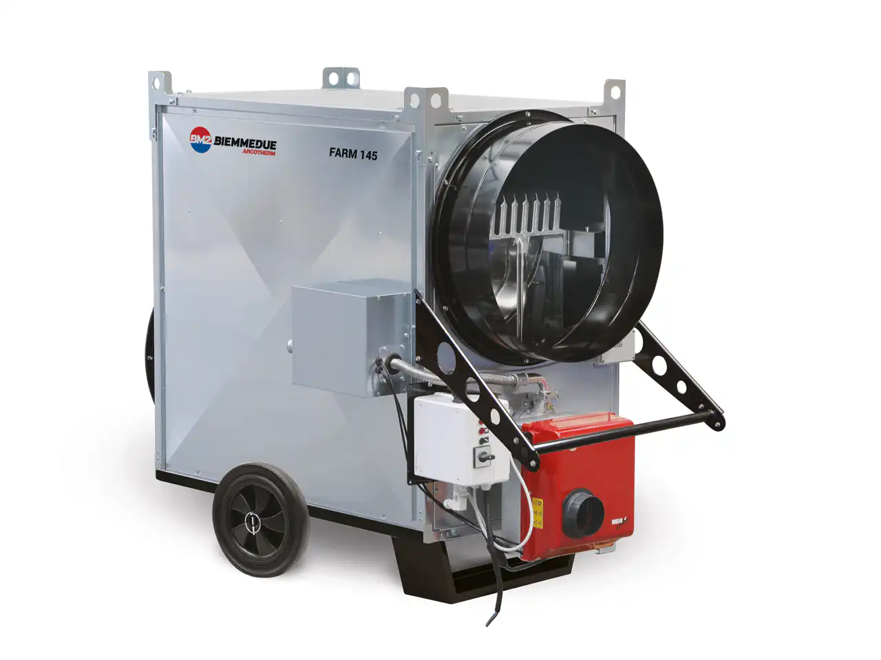grejalica-biemmedue-farm-2 Biemmedue Farm 235 i FARM 185, oba industrijska grejača na točkovima s metalnim kućištem i kontrolnom pločom, imaju velike crvene kružne otvore za poljoprivredno i industrijsko grejanje.