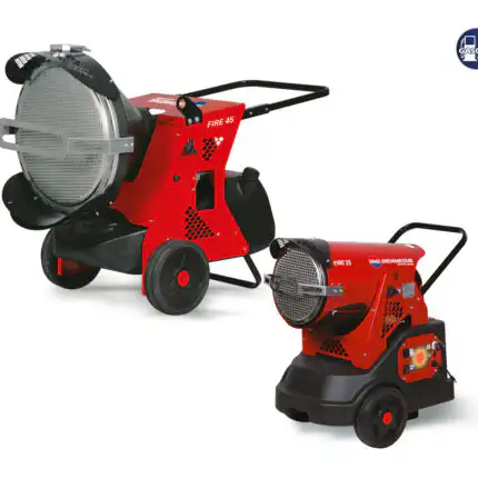 Na slici su prikazana dva crvena mobilna industrijska grejača, s oznakom FIRE 45 i FIRE 25, sa kontrolnim pločama. Logotipi SIROVE NAFTE i KEROZINA se vide u gornjem desnom uglu.