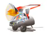 Ilustracija mlaznog motora sa strelicama za protok vazduha: vidljivo sagorevanje sa plamenom kao FIRE 45 Industrijska Infracrvena Grejalica; ima prednji ventilator, sjajnu metalnu spoljašnjost i točkove.