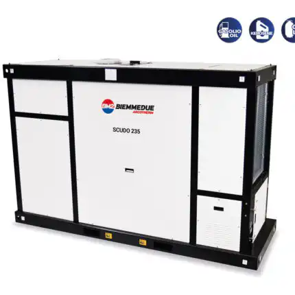 Elegantni Industrijski Grejač BIEMMEDUE SCUDO 235 prikazuje ikone za kompatibilnost dizela, GPL-a i metana u gornjem desnom uglu.