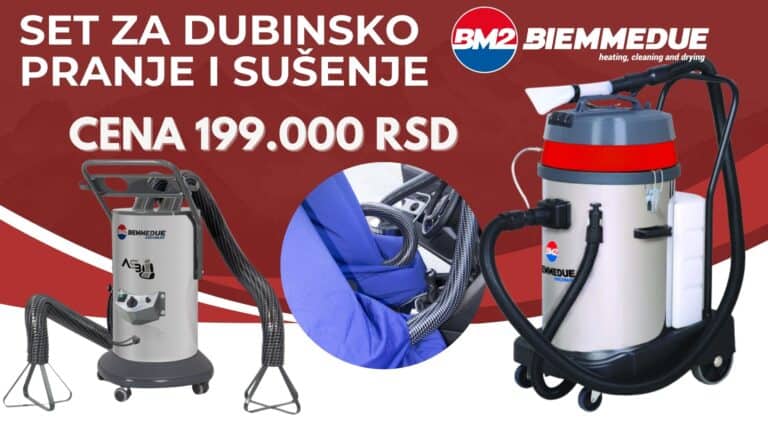 Promotivna slika za BM2 Biemmedue prikazuje dve mašine za čišćenje, detalj pranja tapacirunga po ceni 199.000 dinara na srpskom.