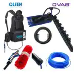 Kolaž Mobilni Set za Čišćenje solarnih panela OVA8 - ROTAQLEEN Classic: ranac, teleskopska šipka, el. četka, pukotina i konektori Qleen i OVA8 brendova. Za pranje solarnih panela