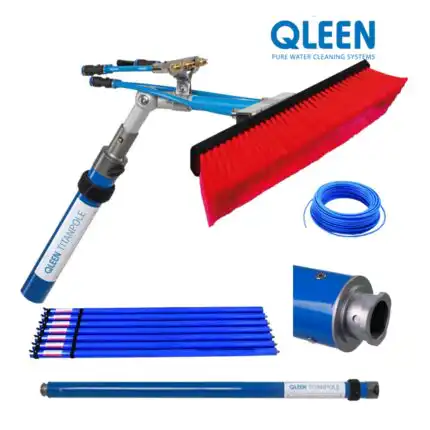 QLEEN TITANPOLE profesionalni modularni teleskopski štap sa crvenom četkom, plavim crevom, metalnim spojem i više segmenata, idealan za čišćenje do 12.24m.