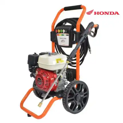 Benzinski perač pritiska ECO Steam ES3300HX (220bar, 840l/h) sa HONDA GX200 motorom, crvena i bela boja, narandžasti ram.
