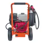 Benzinski perač pod pritiskom ECO Steam ES4200HD sa motorom HONDA GX390, pritisak 290bara, protok 1080l/h, crveno-beli motor i crni prorez sa desne strane na narandžastom ramu sa dve velike tačke.